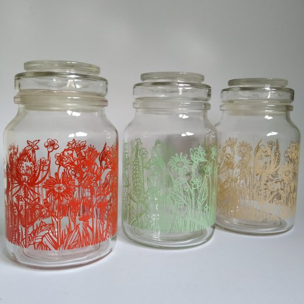 Voorraadpotten van glas met bloemmotief, vintage jaren 70
