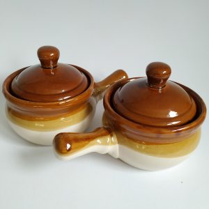 Vintage Bakjes Aardewerk met Deksel en Greep beige/bruin