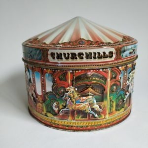 Vintage Rond Blik met afbeeldingen van een Carousel / Draaimolen