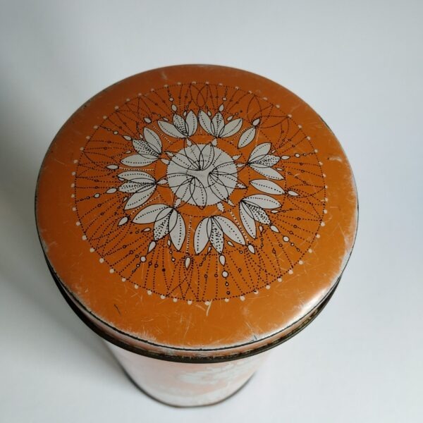 Beschuitbus van Verkade met vrolijke bloemen en paarden ( oranje) Flower power 1972 – hoogte 21 cm – diameter 11 cm (3)