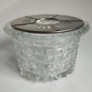 Vintage stevige glazen theelicht (rechaud) met zilverkleurig rooster