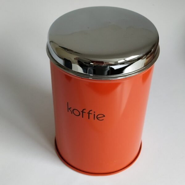 Blik Koffie (oranje) met chromen deksel – diameter 11 cm – hoogte 16 cm (1)