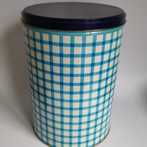 Vintage blik / trommel van Tomado in het blauw geruit