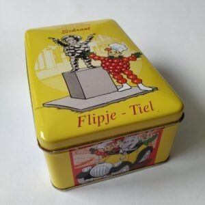 Vintage blik Flipje Tiel met op alle zijdes verschillende afbeeldingen