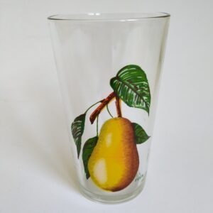 Vintage limonade glas van VMC Reims France met afbeelding van een peer