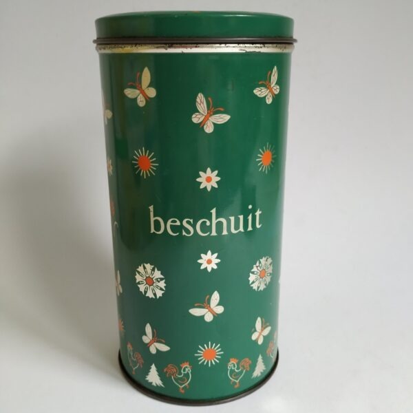 Beschuitbus – blik van De Spar – hoogte 20,5 cm – groen met vlinders zon haan kerstboom (5)