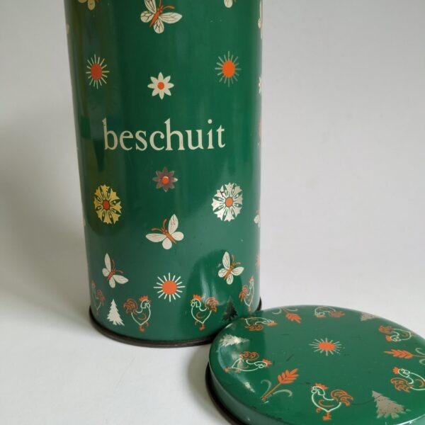 Beschuitbus – blik van De Spar – hoogte 20,5 cm – groen met vlinders zon haan kerstboom (6)