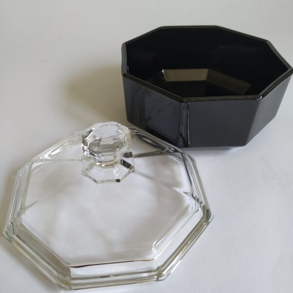 Bonbon schaaltje Arcoroc France Octime – zwart achthoekig met transparant glazen deksel – hoogte 10 cm – diameter 11,5 cm (2)