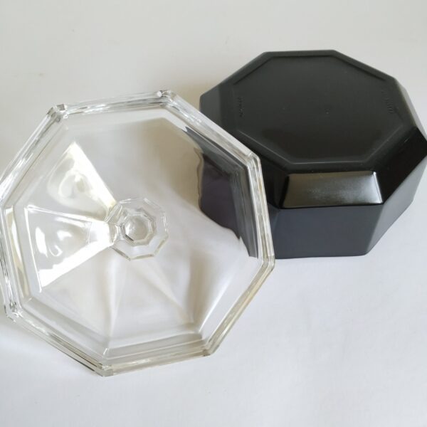 Bonbon schaaltje Arcoroc France Octime – zwart achthoekig met transparant glazen deksel – hoogte 10 cm – diameter 11,5 cm (3)