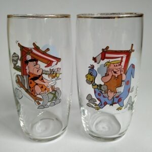 Vintage drinkglazen van Fred Flintstone en Barney Rubble