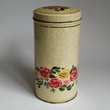 Vintage beschuitbus met bloemmotief en craquelé van Verkade uit 1968