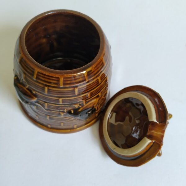 Honingpot – suikerpot met deksel -(bruin) versierd met bijtjes – hoogte 12 cm – diameter 9 cm (2)