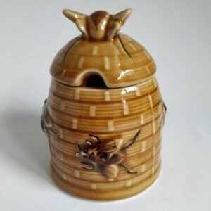 Vintage honingpot / suikerpot met deksel, versierd met bijtjes in de kleur licht bruin