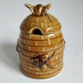 Vintage honingpot / suikerpot met deksel, versierd met bijtjes in de kleur licht bruin