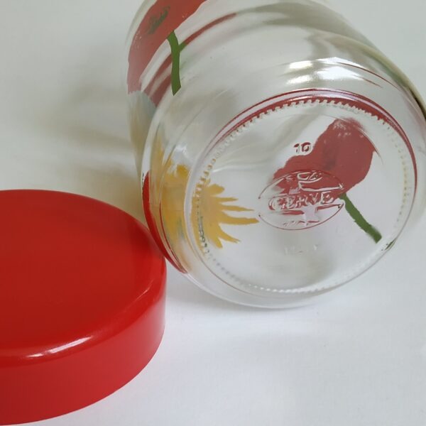 Vintage glazen voorraadpot met kunststof rode deksel van Cerve Italy