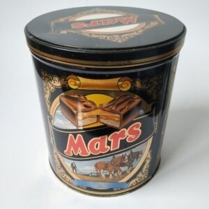 Vintage zwart snoep blik/trommel van Mars met decoratieve afbeeldingen