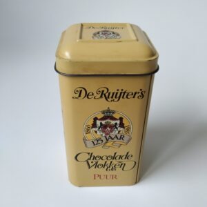 Vintage blikje van de Ruijter’s 125 jaar, chocolade vlokken Puur