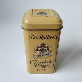 Vintage blikje van de Ruijter’s 125 jaar, chocolade vlokken Puur