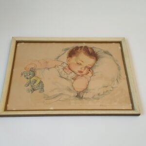 Vintage lijst/glasplaat met een afbeelding van een slapend kindje
