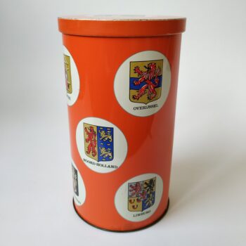 Vintage beschuitbus van Arks met 11 provincies en de bijbehorende wapenschilden