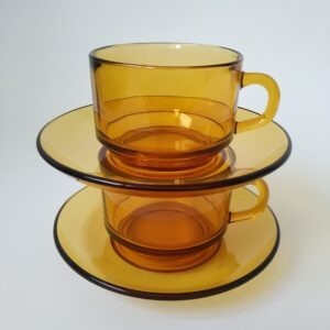 Vintage kop en Schotel Vereco France van amberkleurig gehard glas
