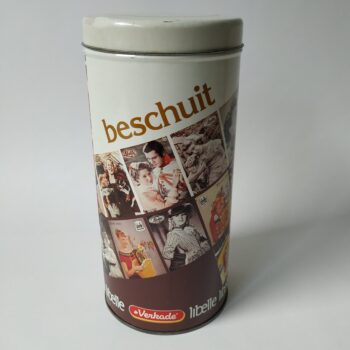 Vintage beschuitbus van Verkade met voorpagina's uit de jaren 50 en 60 van het blad Libelle