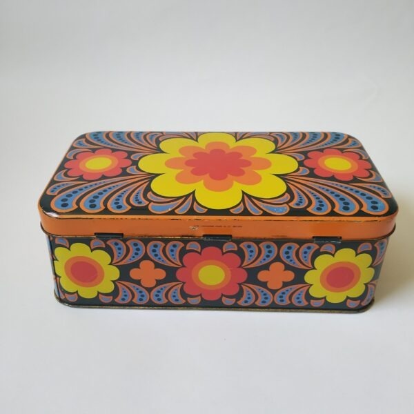 Blik – trommel met bloemenprint – rood-oranje-geel-zwart-blauw – 23,5x13x8 cm (3)