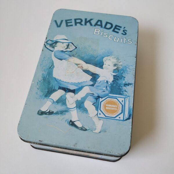 Koekblik- trommel Verkade’s Biscuits – blauw – 21 x 13,5 x 6 cm (1)