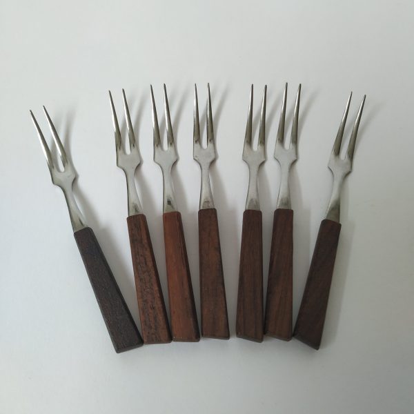 Vintage houten/stainless steel cocktailvorkjes