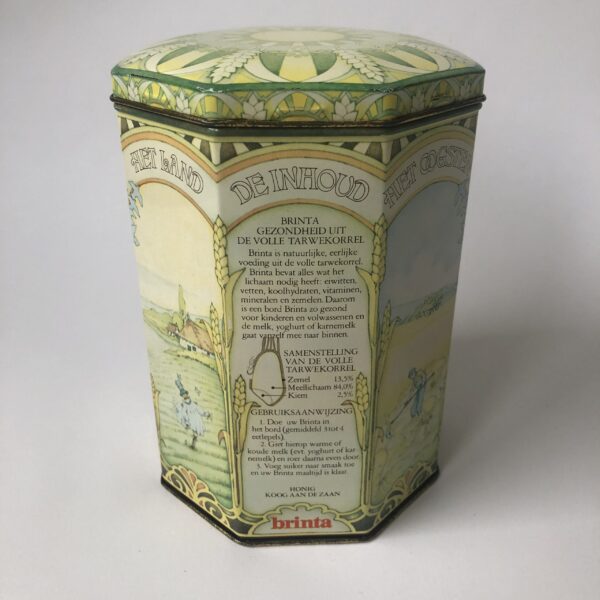 Blik - trommel (achthoekig) van Brinta - hoogte 17 cm - diameter 11,5 cm (4) Vintage achthoekig blik/trommel van Brinta met mooie decoratie en teksten