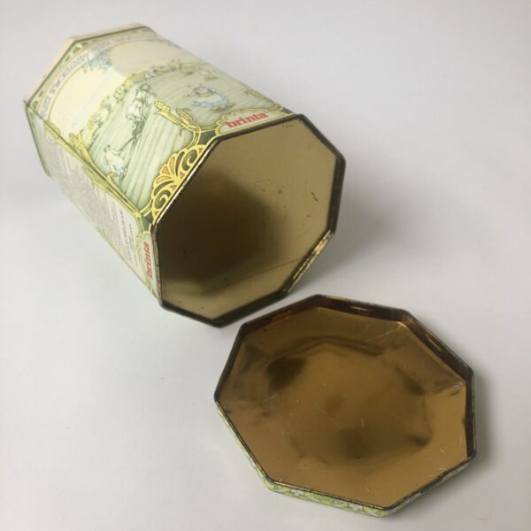 Blik - trommel (achthoekig) van Brinta - hoogte 17 cm - diameter 11,5 cm (6) Vintage achthoekig blik/trommel van Brinta met mooie decoratie en teksten