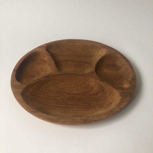 Fonduebord - snackbord van hout -diameter 25 cm - hoogte 2 cm - 4 vaks (1) Vintage decoratieve houten fonduebord / snackbord