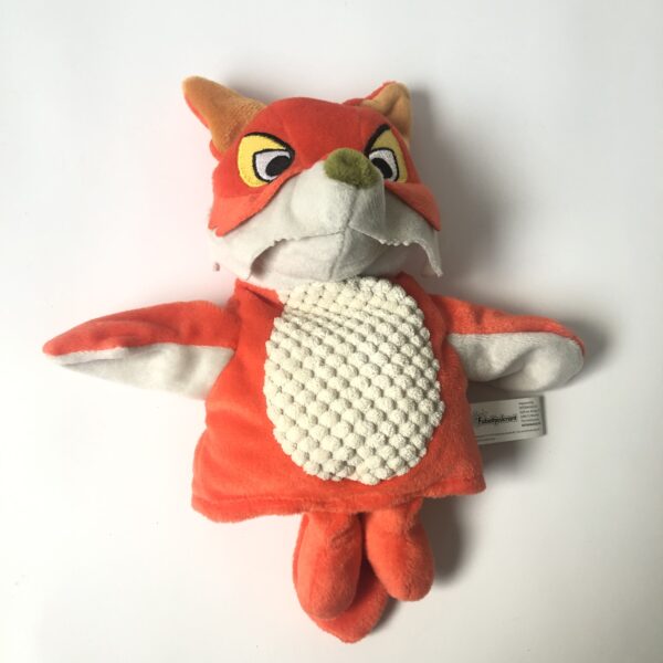 Vintage handpoppen van de Fabeltjeskrant, bestaande uit Lowieke de Vos, Meneer de Uil en Bor de Wolf