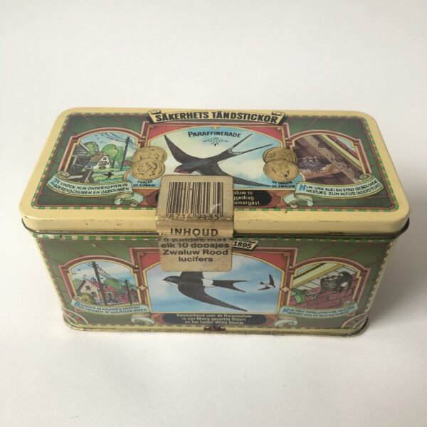 Blik Zwaluw lucifers - afmeting 15,5x8x8 cm (1) Vintage rechthoekig blik voor lucifersdoosjes of losse lucifers van het merk Zwaluw