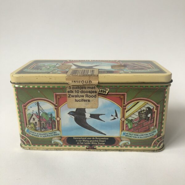 Blik Zwaluw lucifers - afmeting 15,5x8x8 cm (2) Vintage rechthoekig blik voor lucifersdoosjes of losse lucifers van het merk Zwaluw