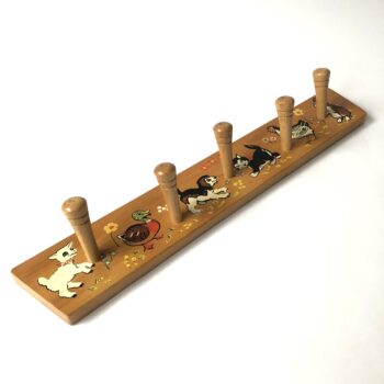 Vintage houten kinder kapstok met 5 houten haken van Sio, made in Holland