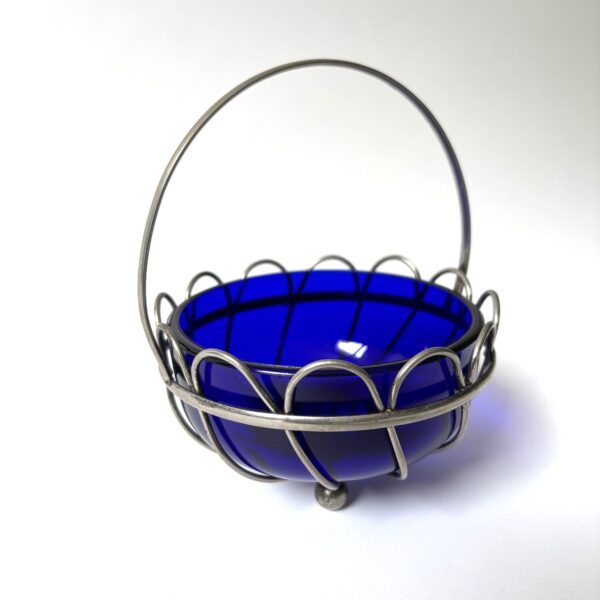 Bonbon schaaltje (blauw glas) in metalen houder - diameter schaaltje 10 cm - hoogte 13 cm (3)