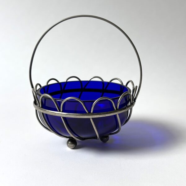 Bonbon schaaltje (blauw glas) in metalen houder - diameter schaaltje 10 cm - hoogte 13 cm (5)