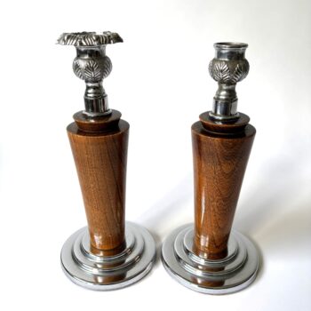 Vintage mooie houten met chroom kaars kandelaars