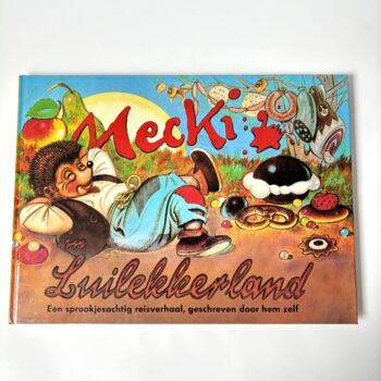 Vintage boek Mecki Luilekkerland, een sprookjesachtig reisverhaal geschreven door hem zelf uit 1983
