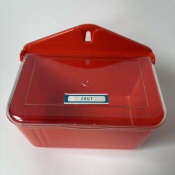 Vintage oranje vendex plastic zoutbak met deksel