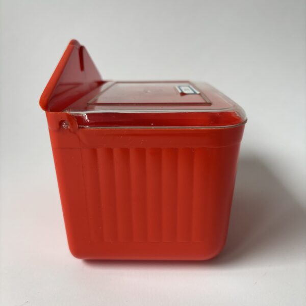 Vintage oranje vendex plastic zoutbak met deksel