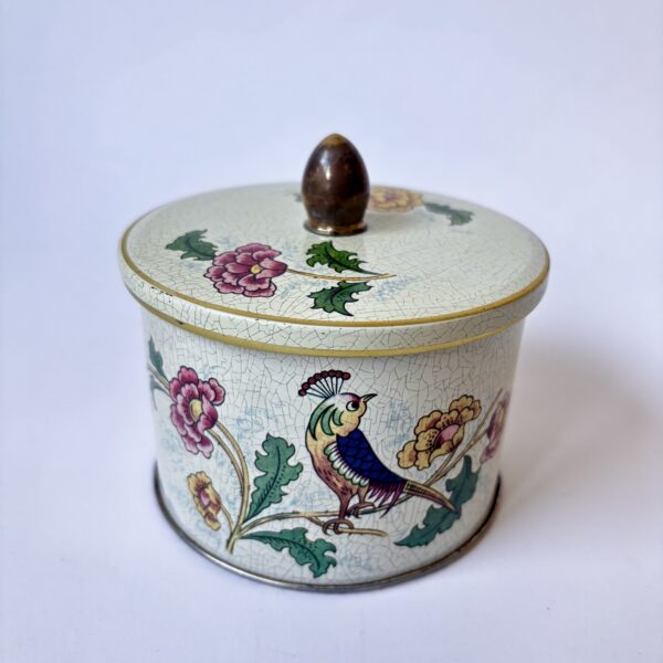 Bonbon blik Cote D'or - diameter 11,5 cm - hoogte 11 cm (1) Vintage bonbon blik / trommel van Cote D'or gedecoreerd met vogels, bloemen en craquelé