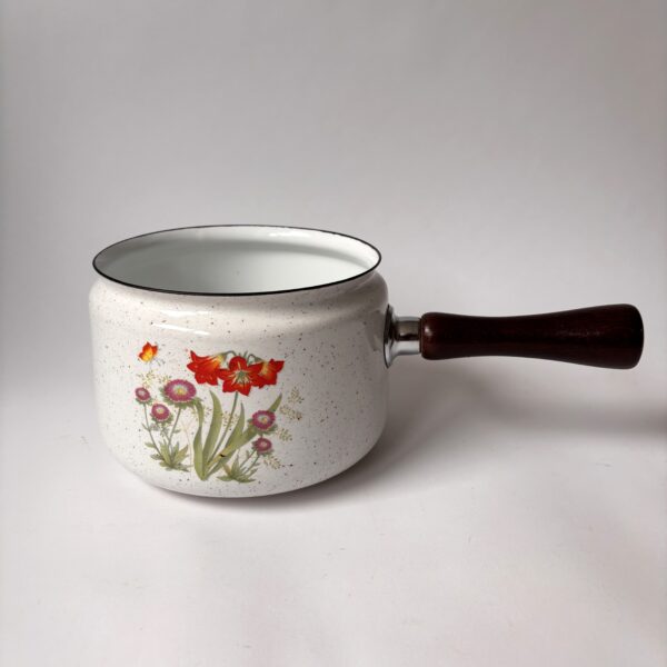 Vintage fonduepan uit de jaren 70, gedecoreerd met wilde bloemen, wildflower serie