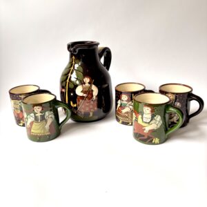 Prachtige vintage kruik met 5 mokken van Hans Schneider uit Zwitserland