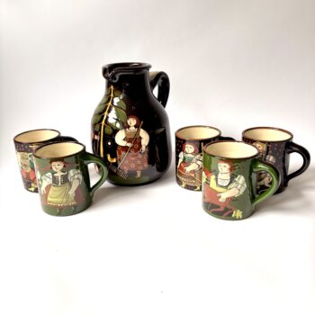 Prachtige vintage kruik met 5 mokken van Hans Schneider uit Zwitserland