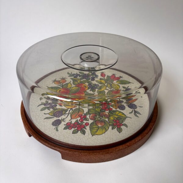 Taartstolp - vlaaiplateau van Emsa - diameter 29 cm - hoogte 12,5 cm (1) Vintage taart- of vlaaiplateau met een stolp (glazen kap) en een houtkleurige basis