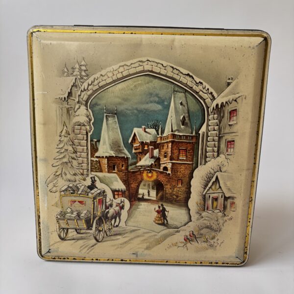 Vintage grote blik/trommel van Van Melle met winter/kerst illustraties