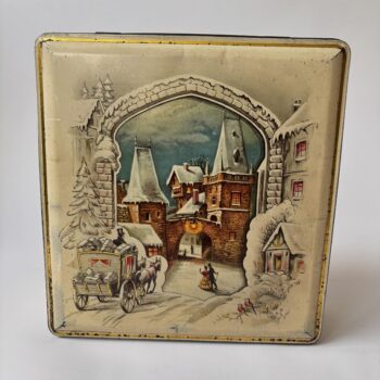 Vintage grote blik/trommel van Van Melle met winter/kerst illustraties