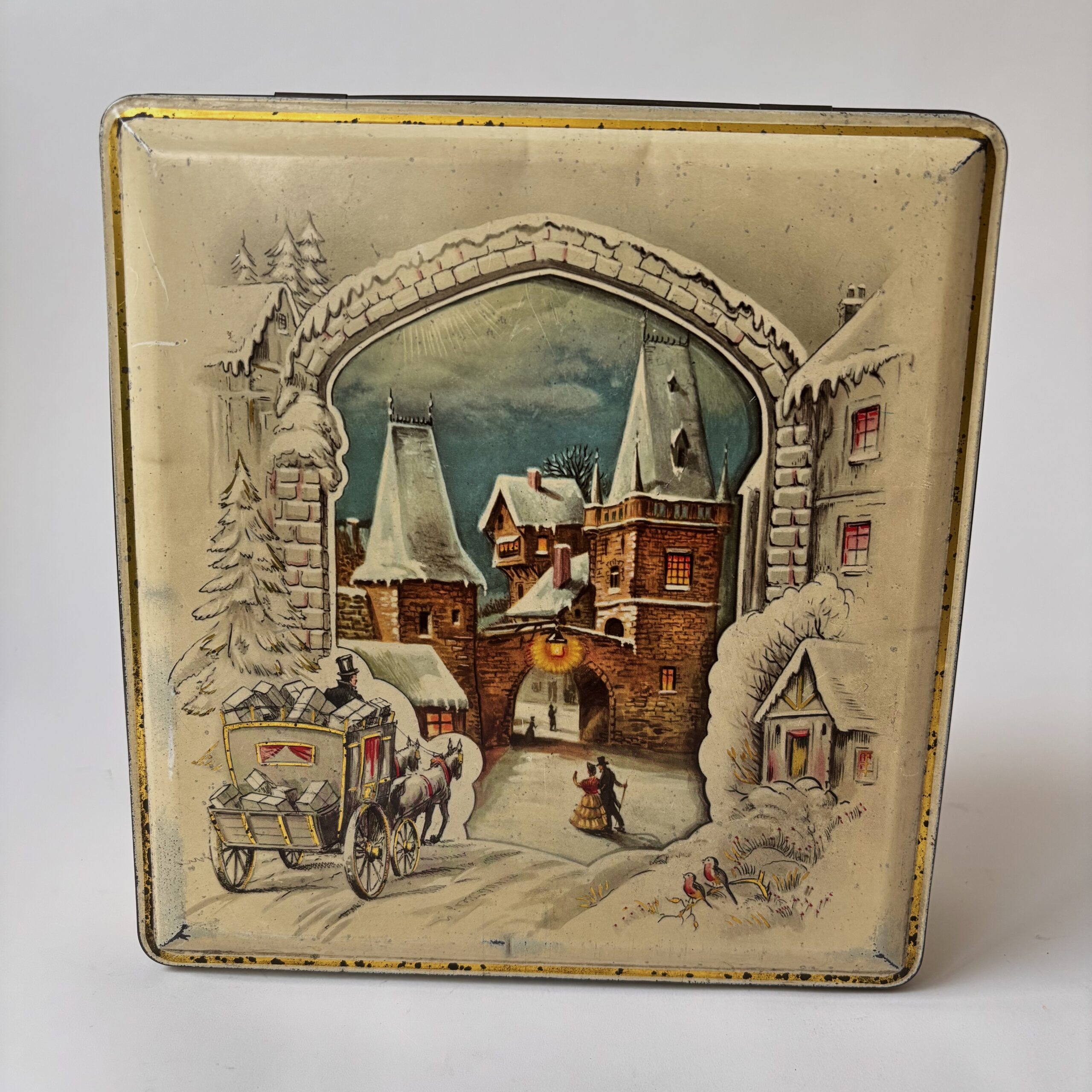 Vintage grote blik/trommel van Van Melle met winter/kerst illustraties